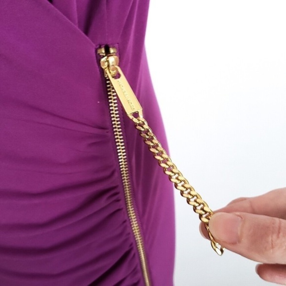 NWT Michael Kors Purple Gold Asymmetrical Ruched Zipper Cocktail Dress- Large, L - Picture 4 of 7